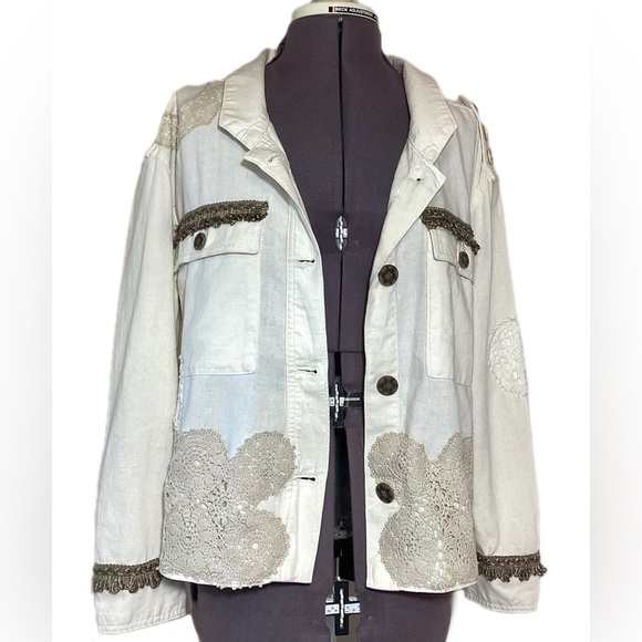 Upcycled Linen Cotton Womens Jacket Size M Boho OOAK Shabby Chic Patches Quilted - Picture 3 of 16